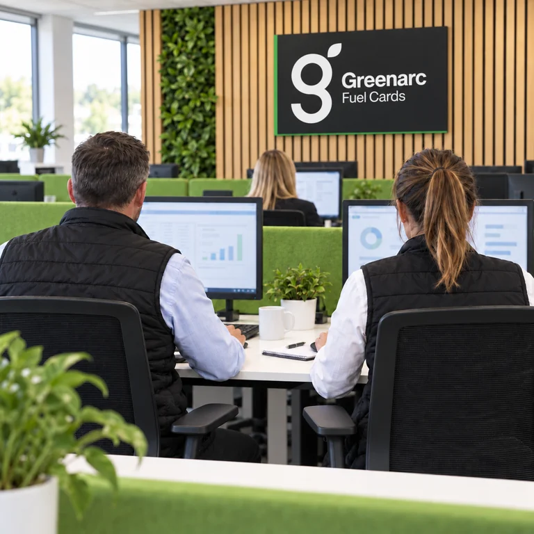 AI-generated illustration of a Greenarc office with colleagues viewed from behind