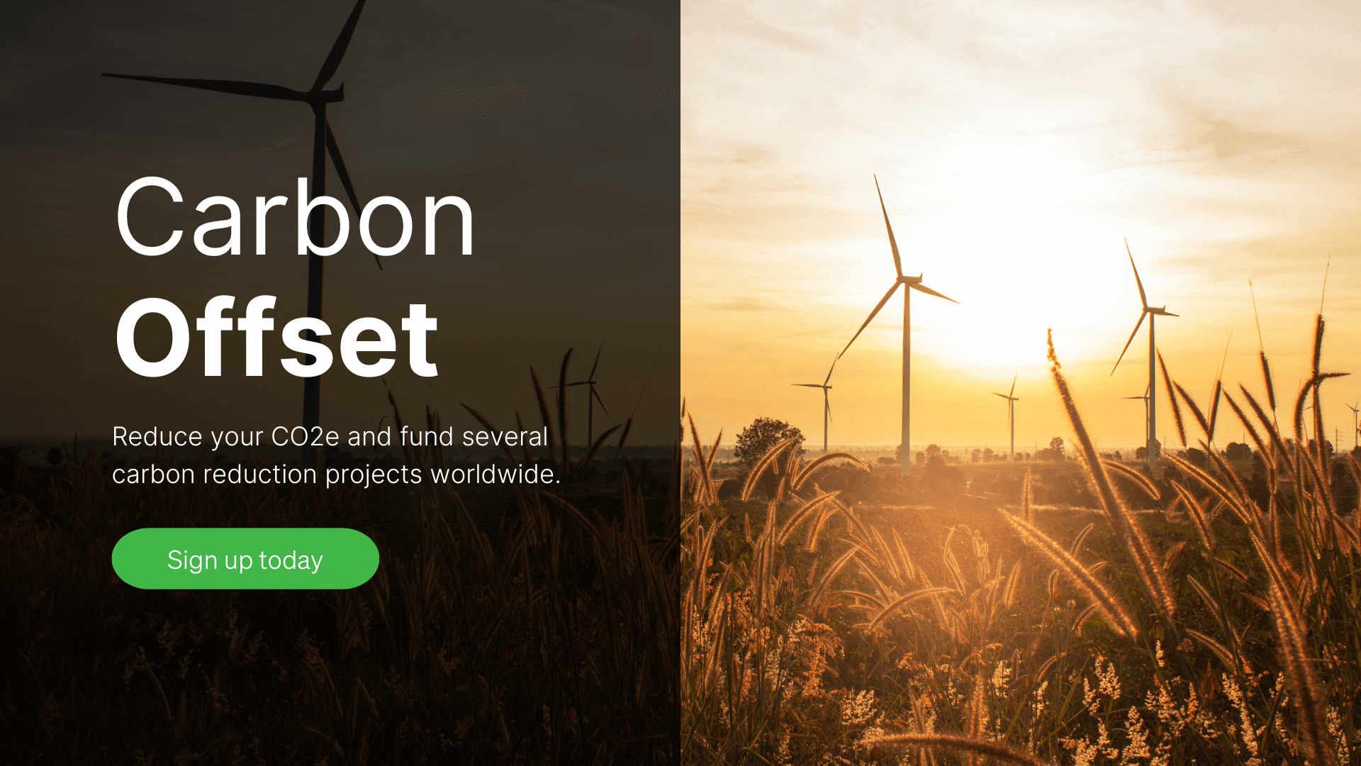 Carbon Offset your fuel card purchases website page header image with windfarm, sunset and crops.